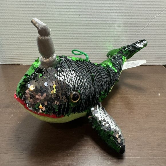 Reversible Sequin Narwhal Plush Green Silver Stuffed Animal Toy Flip Sparkle! - Picture 2 of 8